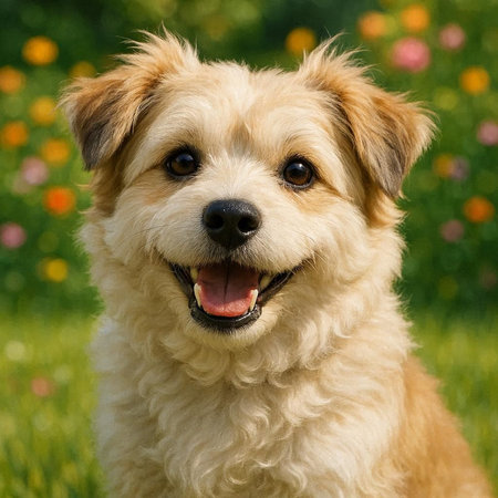 Cute little mixed breed dog sitting in the grass and smiling.