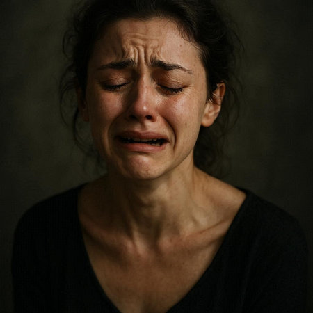 Portrait of a crying woman with tears in her eyes on dark backgroundの写真素材