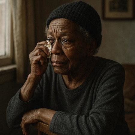 Portrait of an elderly African-American woman talking on the phone.