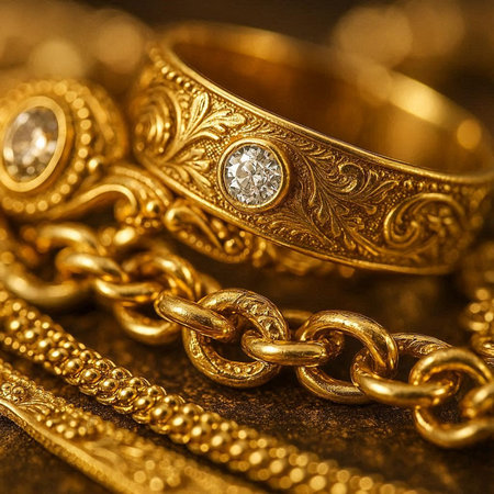 Close up of gold jewelry on a gold background. Macro shot.