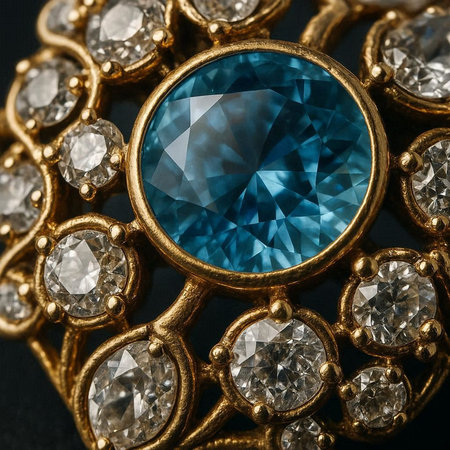 jewelry brooch with blue sapphire on black background