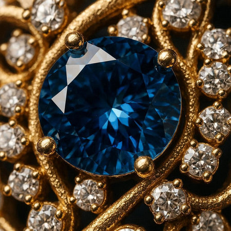 Blue sapphire on a gold chain close up. Jewelry background