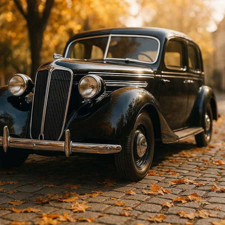 Beautiful retro car on the background of the autumn forest. Close-up.
