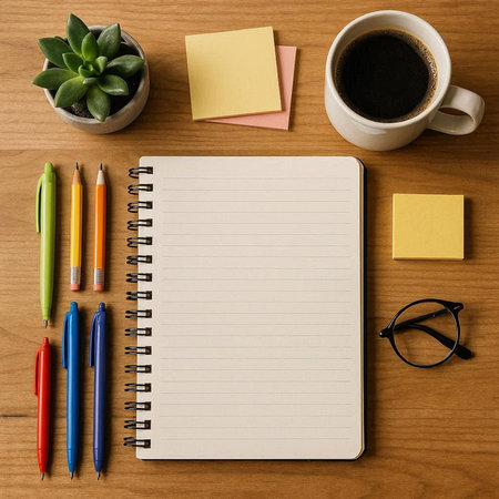 Top view of wooden office desk table with blank notepad, coffee cup and other supplies. Mock up