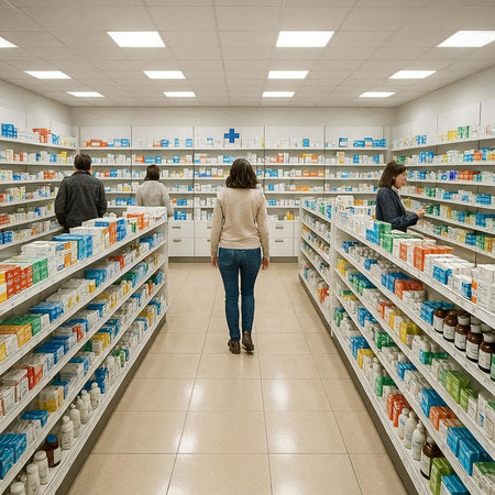 Rear view of a female pharmacist standing in a drugstore
