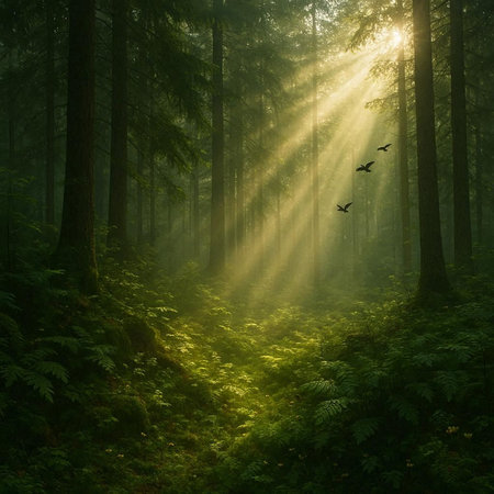 Foggy morning in a coniferous forest with sunrays