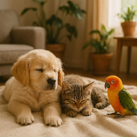Golden Retriever, cat and parrot on the bed.