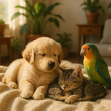 Golden Retriever puppy, cat and parrot on the bed.