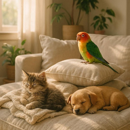 Cat and dog sleeping on a sofa with a parrot. Pet care.