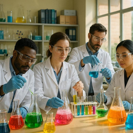 Multiethnic group of scientists working in laboratory. Men and women in lab coat and eyeglasses looking at test tubes with chemicals.