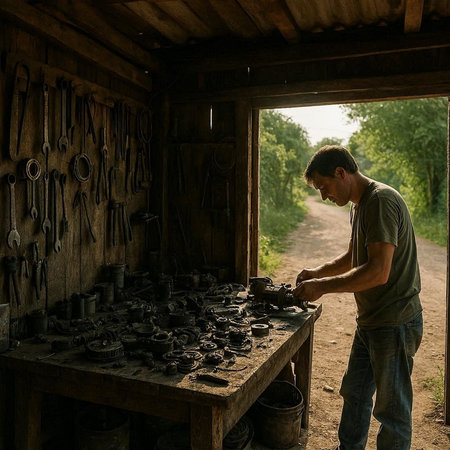 A young man working in a small workshop with tools and tools.