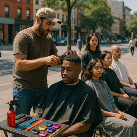 Barbershop. Hairdresser cutting hair of a young man in the street.