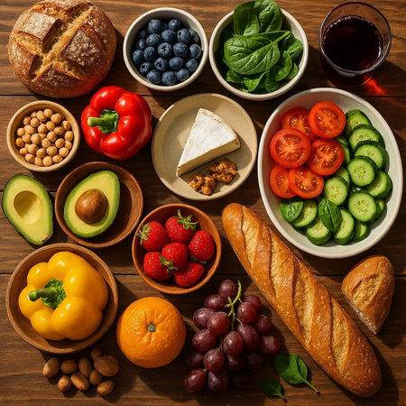 Healthy food selection on wooden background. Balanced diet. Top view