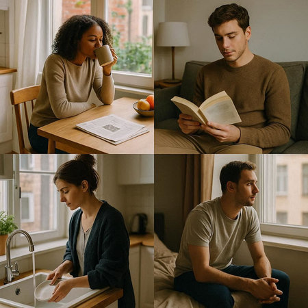 collage of young couple reading book while sitting on sofa at home