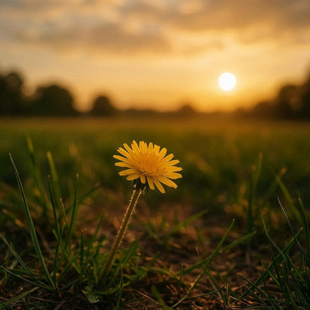 Yellow dandelion flower on a green meadow at sunset.