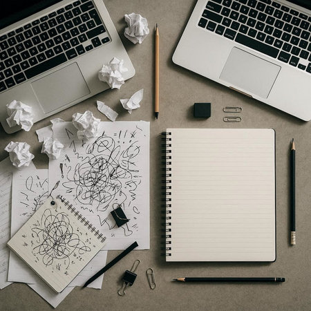 Top view of modern workplace with laptop, crumpled paper, pencils and notepad on grey background