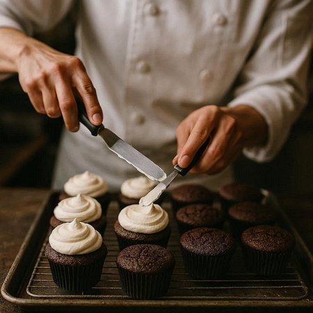 Chocolate cupcakes with buttercream frosting and a knife.