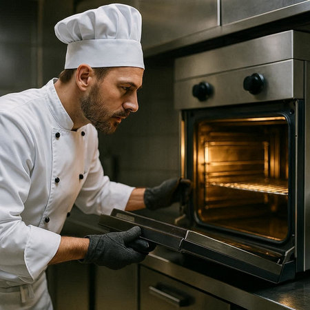 Side view of a Caucasian male chef in uniform cooking in the oven.