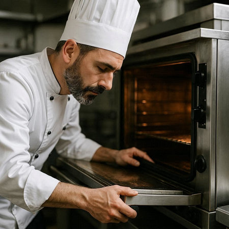 Chef in white uniform and hat cooking in oven at restaurant kitchen.