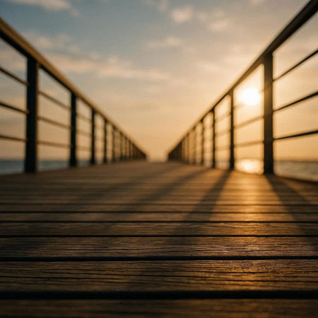 Wooden pier at sunset, blurred background. Abstract background with copy space.