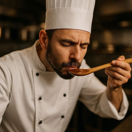 Portrait of a bearded male chef in a white uniform with a wooden spoon.