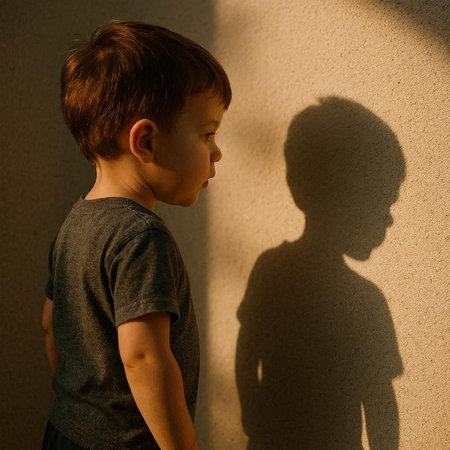 Little boy standing by the wall with shadow of a man on it