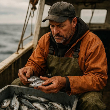 Fisherman on a fishing boat with catch of fresh fish.