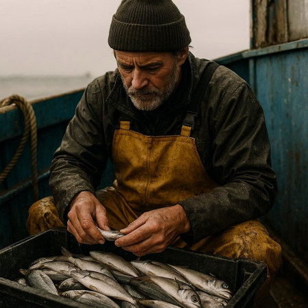 Fisherman with catch of fish on fishing boat at sea.