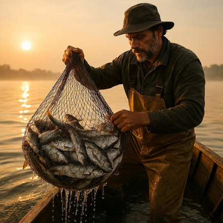 Fisherman with net catch fish on the boat at sunrise.