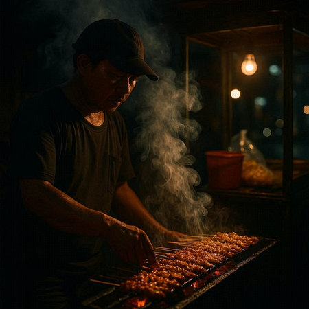 Asian street vendor grilling shish kebab on skewer
