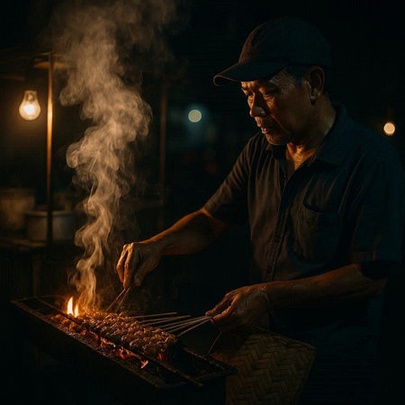 Asian man cooking barbecue on the street at night in Bangkok, Thailand