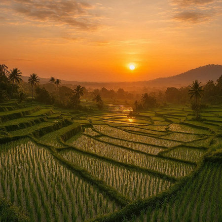 Rice terraces at sunset in Bali, Indonesia. Nature background
