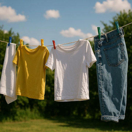 Clothes drying on a clothesline against the blue sky in the summer