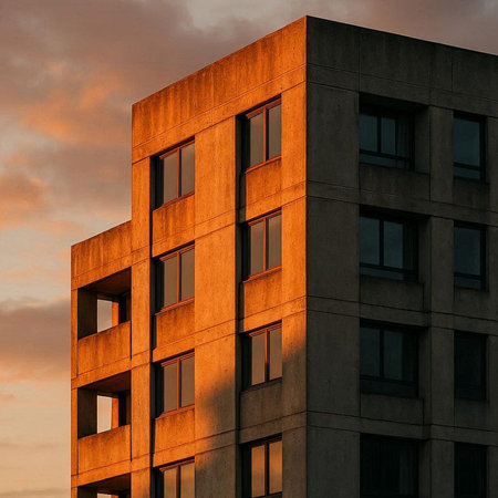 Modern apartment buildings on a sunny day with a blue sky. Facade of a modern apartment building
