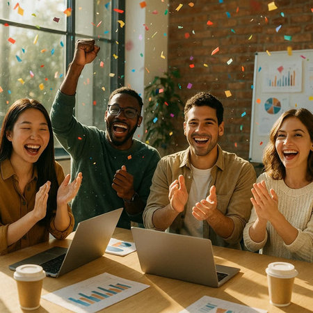 Group of happy multiethnic business people celebrating success at office with confetti