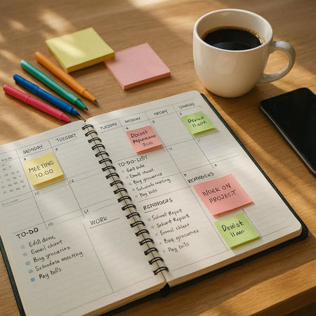 Weekly planner with a cup of coffee and office supplies on the table