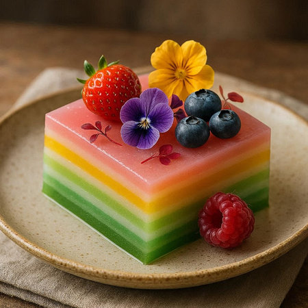 Rainbow cake decorated with fresh berries and edible flowers, selective focus