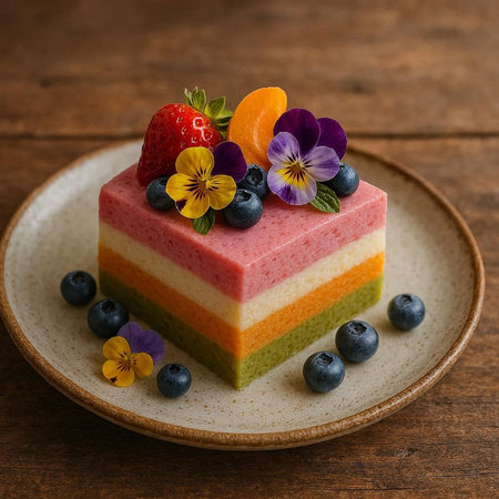 Piece of rainbow cake decorated with fresh berries and pansy flowers