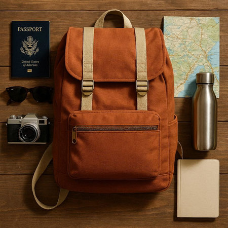 Traveler's accessories: backpack, camera, map and coffee cup on wooden background
