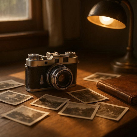 Vintage camera and old photos on a wooden table in the room