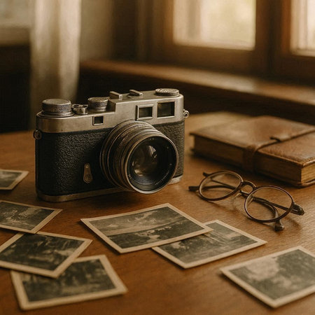 Vintage camera and old photos on a wooden table in the room
