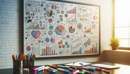 Close up of bright office desktop with colorful business sketches. Mock up, 3D Rendering