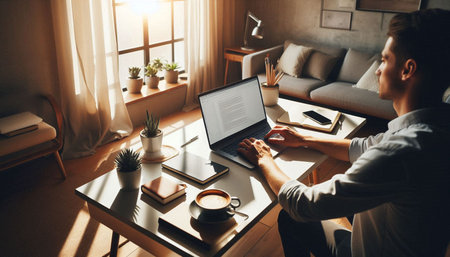 Young man working on laptop at home office. Freelance work concept.