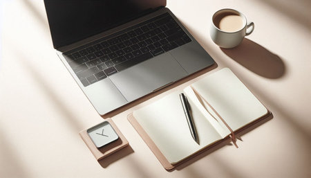 Top view of modern workspace with laptop, coffee cup, notebook and stationery.
