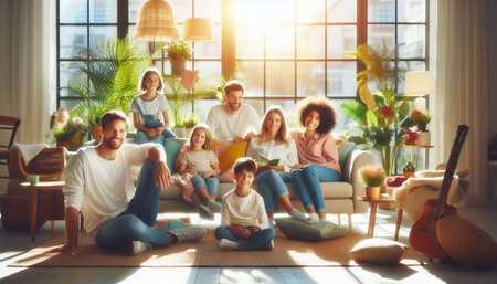happy family with laptop computer sitting on sofa in living room at home
