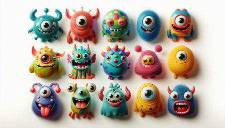 Funny monsters made of plasticine on white background, closeup