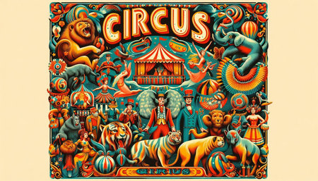Illustration of circus poster design with lion, elephant, clown, clown, circus tent and clowns