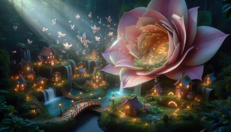 3d illustration of fantasy landscape with a waterfall and a beautiful flower