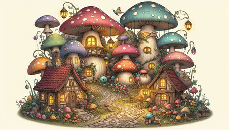 Illustration of a Fantasy Fairy Tale Village with Mushrooms and Houses