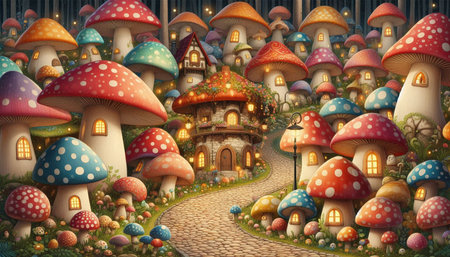 Fantasy landscape with fantasy fairytale houses and magic mushrooms - illustration for children